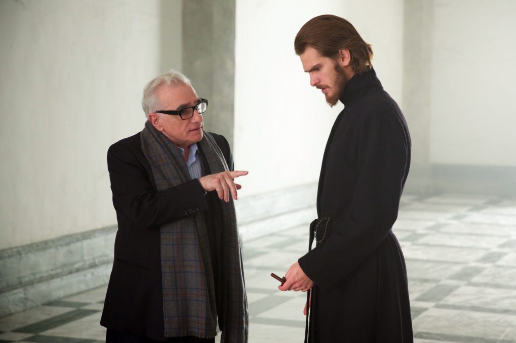 Director Martin Scorsese and Andrew Garfield on the set of SILENCE.